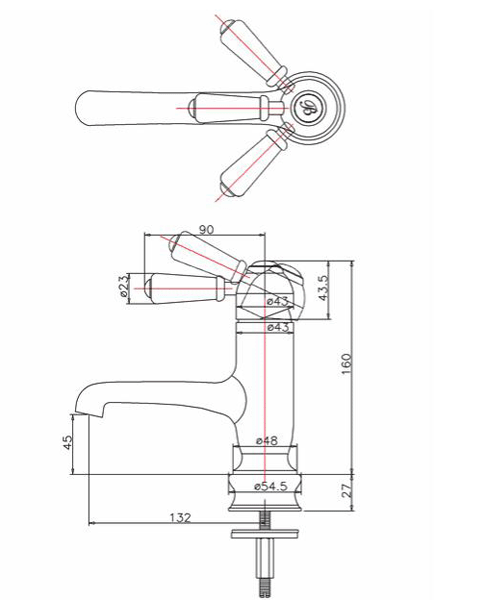 Technical image of Burlington Chelsea Regent Straight Basin Mixer Tap (Chrome & Medici).