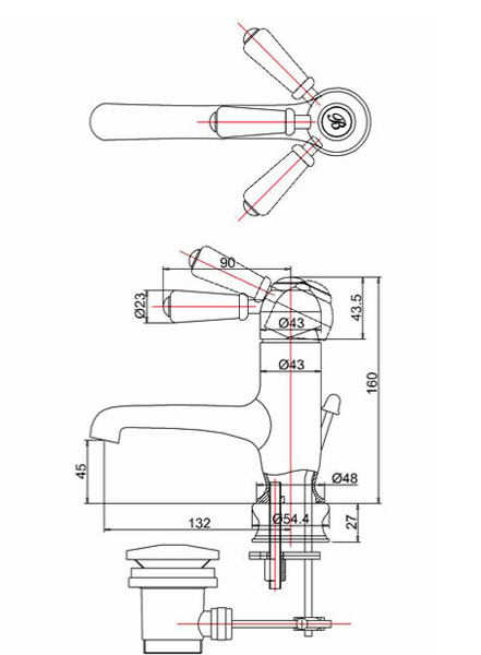 Technical image of Burlington Chelsea Regent Straight Basin Mixer Tap & Waste (Chrome/Med).