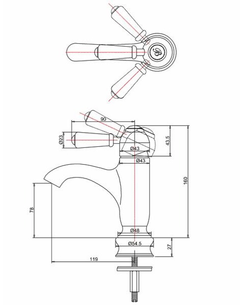 Technical image of Burlington Chelsea Regent Curved Basin Mixer Tap (Chrome & Medici).