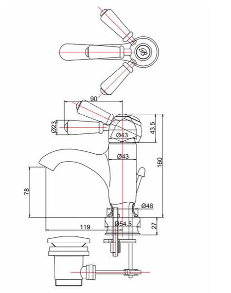 Technical image of Burlington Chelsea Regent Curved Basin Mixer Tap & Waste (Chrome/Med).