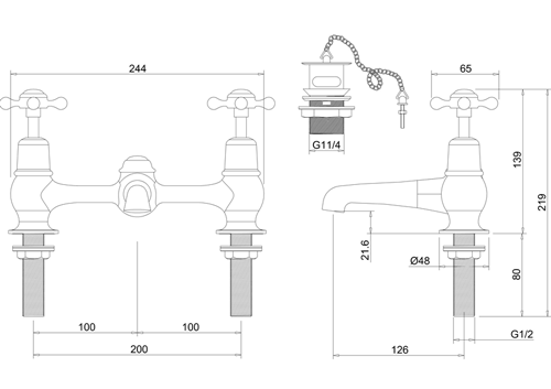 Technical image of Burlington Claremont 2 Hole Basin Mixer Tap With Waste (Chrome & Medici).