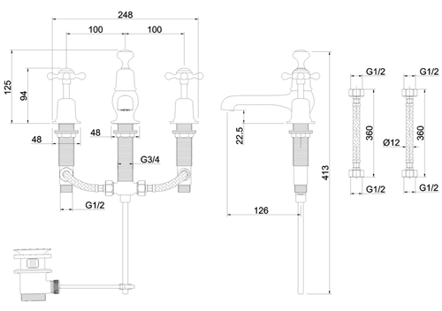 Technical image of Burlington Claremont 3 Hole Basin Tap With Pop Up Waste (Chrome & Medici).