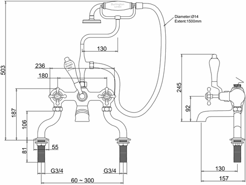 Technical image of Burlington Claremont Bath Shower Mixer Tap With Kit (Chrome & Medici).