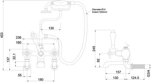 Technical image of Burlington Claremont Wall Mounted BSM Tap With Kit (Chrome & Medici).