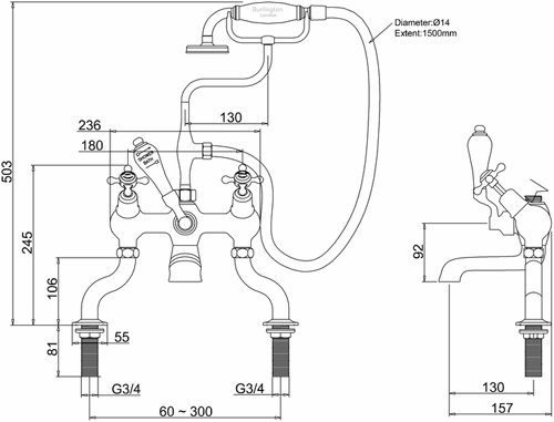 Technical image of Burlington Claremont Bath Shower Mixer Tap With Kit (Chrome & Medici).