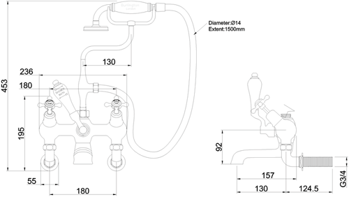 Technical image of Burlington Claremont Wall Mounted Angled BSM Tap (Chrome & Medici).