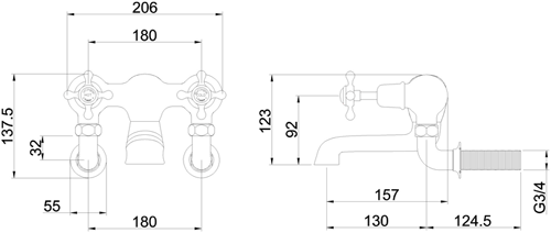 Technical image of Burlington Claremont Wall Mounted Bath Filler Tap (Chrome & Medici).