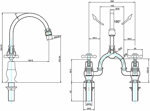 Technical image of Burlington Claremont 2 Hole Arch Basin Mixer Tap (Chrome & Black, 200mm).