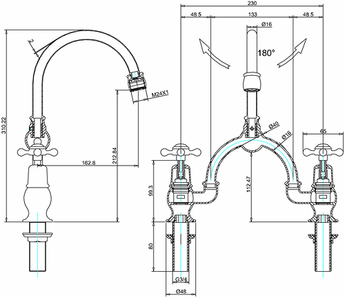 Technical image of Burlington Claremont 2 Hole Arch Basin Mixer Tap (Chrome & Medici, 230mm).