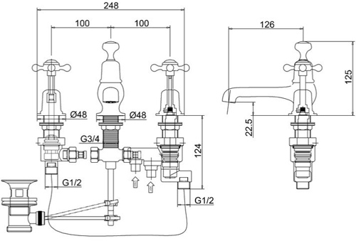 Technical image of Burlington Claremont 3 Hole Thermostatic Basin Tap (Chrome & Medici).