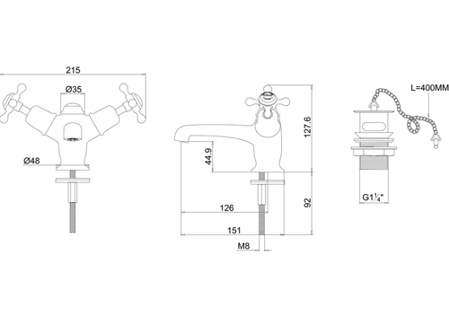 Technical image of Burlington Claremont Basin Tap With Plug & Chain Waste (Chrome & Medici).