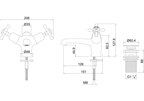 Technical image of Burlington Claremont Basin Tap With Click Clack Waste (Chrome & Medici).