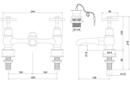 Technical image of Burlington Claremont 2 Hole Basin Mixer Tap With Waste (Chrome & Medici).