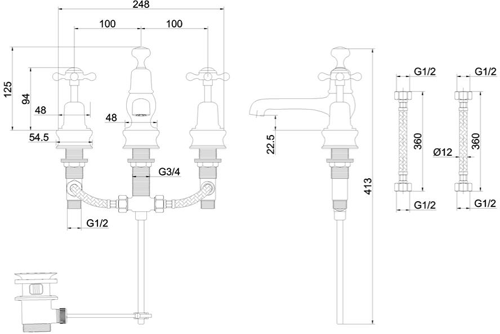 Technical image of Burlington Claremont 3 Hole Basin Tap With Pop Up Waste (Chrome & Medici).