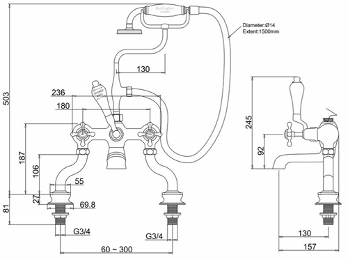 Technical image of Burlington Claremont Bath Shower Mixer Tap With Kit (Chrome & Medici).