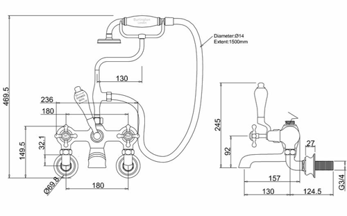 Technical image of Burlington Claremont Wall Mounted BSM Tap With Kit (Chrome & Medici).