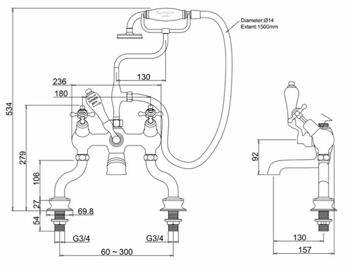 Technical image of Burlington Claremont Bath Shower Mixer Tap With Kit (Chrome & Medici).