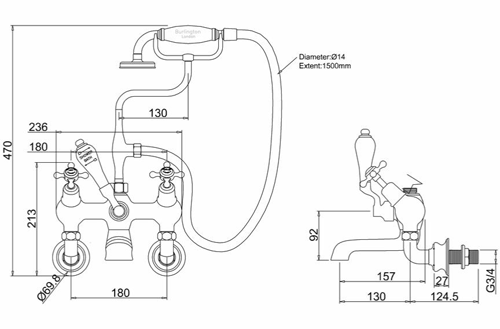 Technical image of Burlington Claremont Wall Mounted Angled BSM Tap (Chrome & Medici).