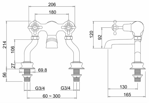 Technical image of Burlington Claremont Bath Filler Tap (Chrome & Black).