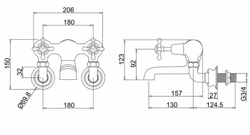 Technical image of Burlington Claremont Wall Mounted Bath Filler Tap (Chrome & Black).