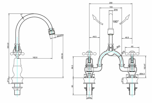 Technical image of Burlington Claremont 2 Hole Arch Basin Mixer Tap (Chrome & Medici, 200mm).