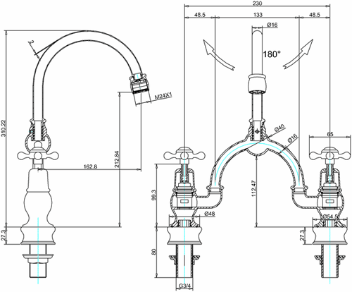 Technical image of Burlington Claremont 2 Hole Arch Basin Mixer Tap (Chrome & Black, 230mm).