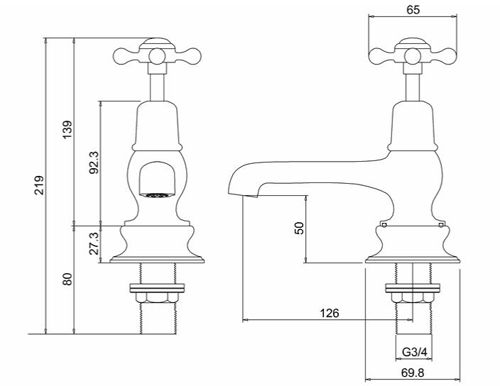 Technical image of Burlington Claremont Bath Taps (Chrome & Medici).