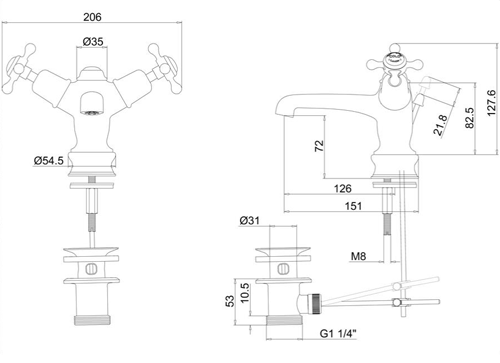 Technical image of Burlington Claremont Basin Tap With Pop Up Waste (Chrome & Medici).