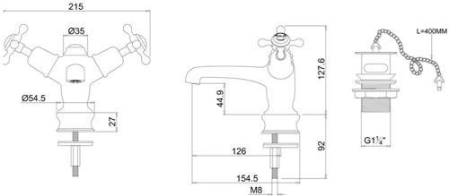 Technical image of Burlington Claremont Basin Tap With Plug & Chain Waste (Chrome & Black).