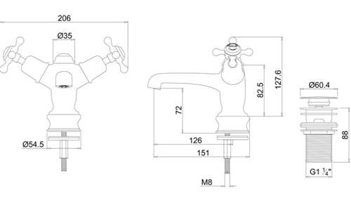 Technical image of Burlington Claremont Basin Tap With Click Clack Waste (Chrome & Black).