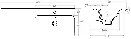 Technical image of Crosswater Arena Vanity Unit With Ceramic Basin (1000mm, Modern Oak, RH).