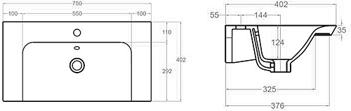 Technical image of Crosswater Arena Vanity Unit With Ceramic Basin (700mm, Modern Oak, 1TH).