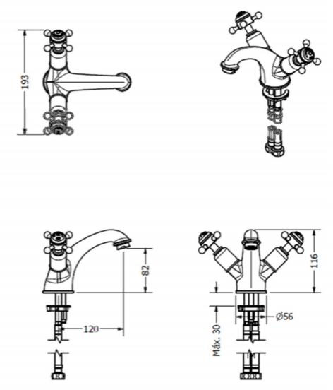 Technical image of Crosswater Belgravia Basin Mixer Tap (Crosshead, Unlac Brass).