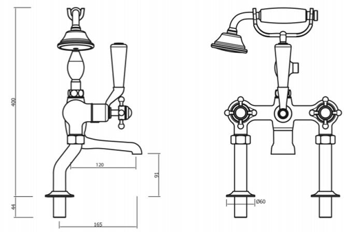 Technical image of Crosswater Belgravia Bath Shower Mixer Tap (Crosshead, Unlac Brass).