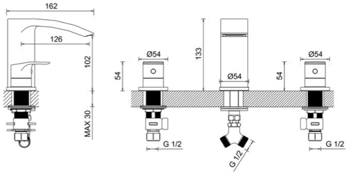 Technical image of Crosswater Flow 3 Hole Basin & 4 Hole Bath Shower Mixer Tap With Kit (Chrome).