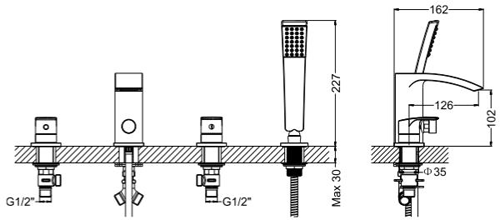 Technical image of Crosswater Flow 3 Hole Basin & 4 Hole Bath Shower Mixer Tap With Kit (Chrome).