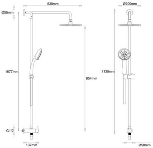 Technical image of Crosswater Fusion Rigid Riser, Three Mode Handset, Hose & Diverter (2 Outlets).