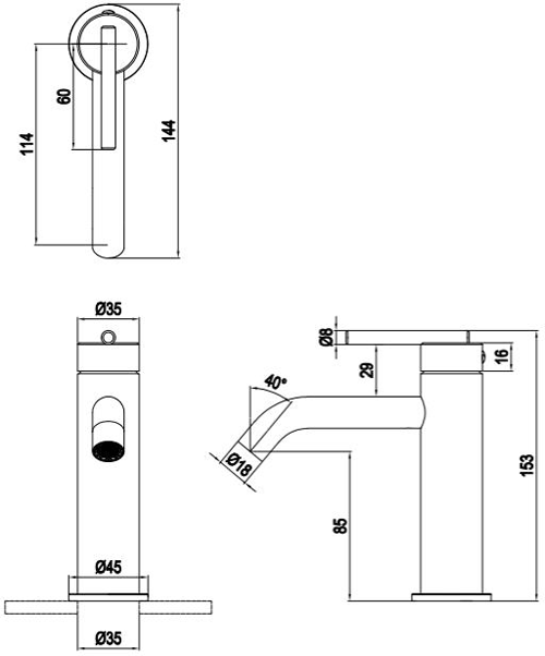 Technical image of Crosswater 3ONE6 Basin Mixer Tap With Lever Handle (Brushed Brass).