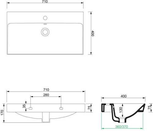 Technical image of Crosswater Zion Vanity Unit With Ceramic Basin (700mm, Storm Grey, 1TH).