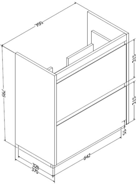 Technical image of Crosswater Zion Vanity Unit With Ceramic Basin (700mm, White Gloss, 1TH).