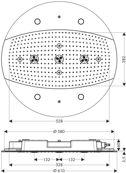 Technical image of Hansgrohe Raindance Rainmaker 3 Jet Shower Head With Lights (600mm).