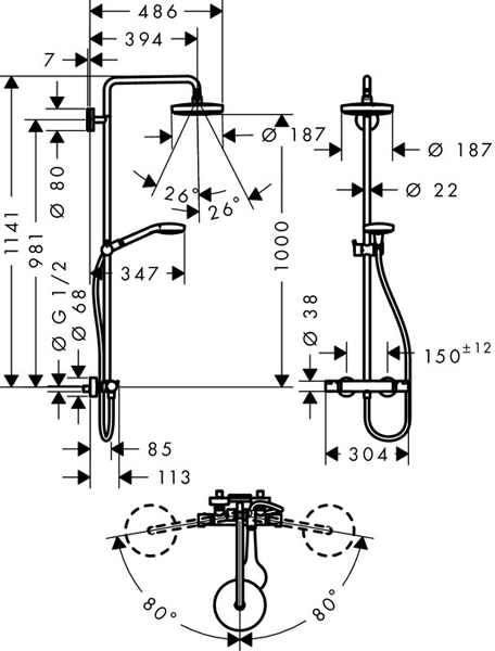 Technical image of Hansgrohe Croma Select S 180 2 Jet Showerpipe Pack (Chrome).