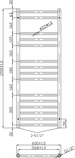 Technical image of Oxford Luxe Towel Radiator 1200x600mm (Stainless Steel).