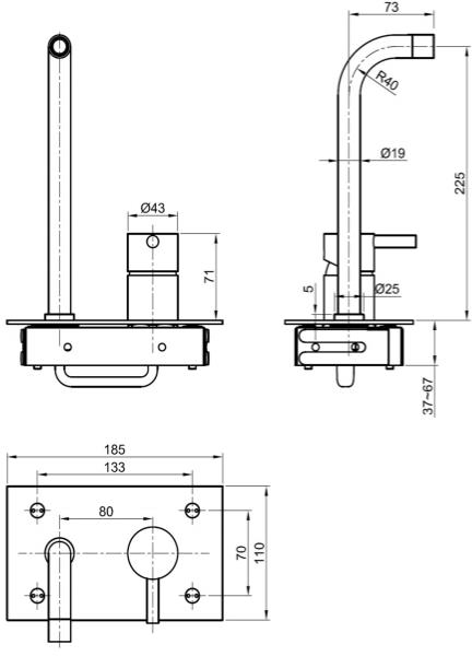 Technical image of JTP Inox Wall Mounted Basin Mixer Tap (225mm, Stainless Steel).