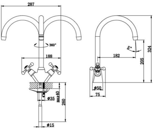 Technical image of JTP Kitchen Lincoln Kitchen Tap With Crosshead Handles (Chrome).