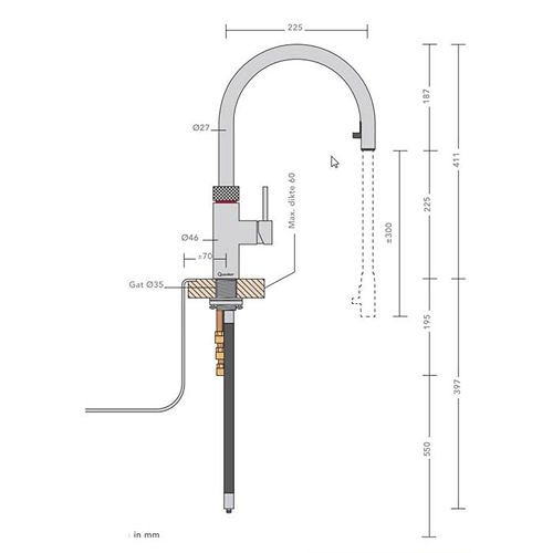 Technical image of Quooker Flex 5 In 1 Boiling Water Kitchen Tap & CUBE PRO3 (Black).