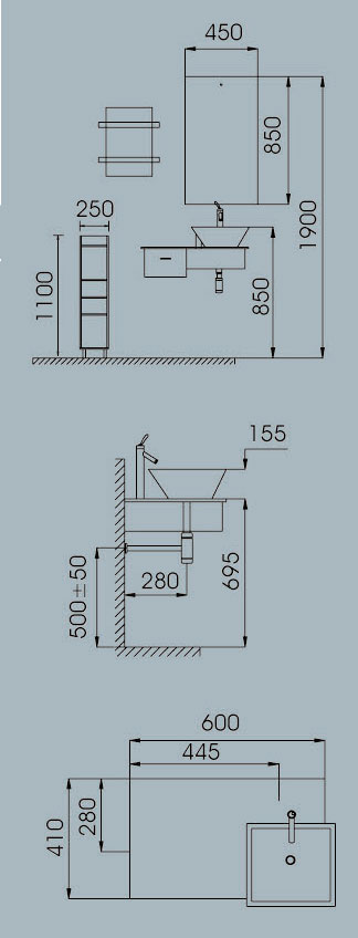 Technical image of Reflections Taunton complete wall hung basin set.