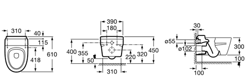 Technical image of Roca Toilets Khroma Wall Hung Toilet Pan & White Seat.