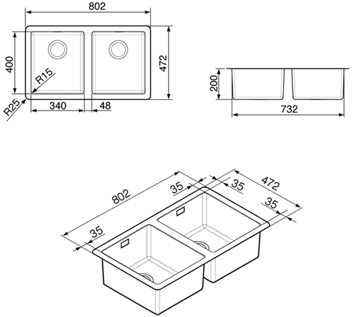 Technical image of Smeg Sinks Mira 2.0 Bowl Undermount Kitchen Sink 802x400mm (S Steel).