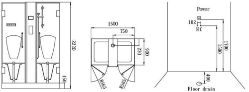 Technical image of Hydra Rectangular Steam Shower Enclosure With Twin Controls. 1500x900.